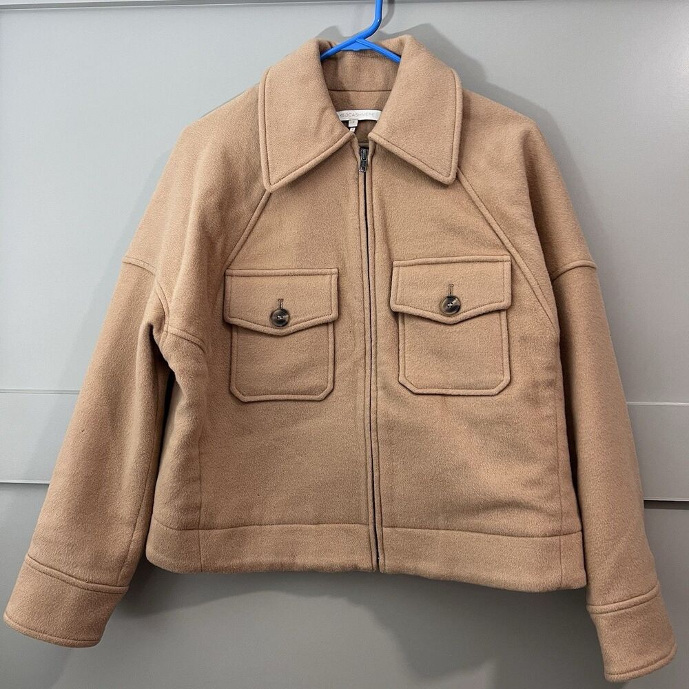 NAKED CASHMERE Wool Jacket Women Small Tan Cropped Full Zip Pocket Neutral $495 - Picture 1 of 16